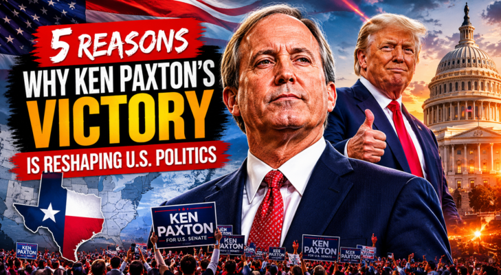 The purpose of this featured image is to visually communicate that Ken Paxton victory is being presented as a major political shift in the United States