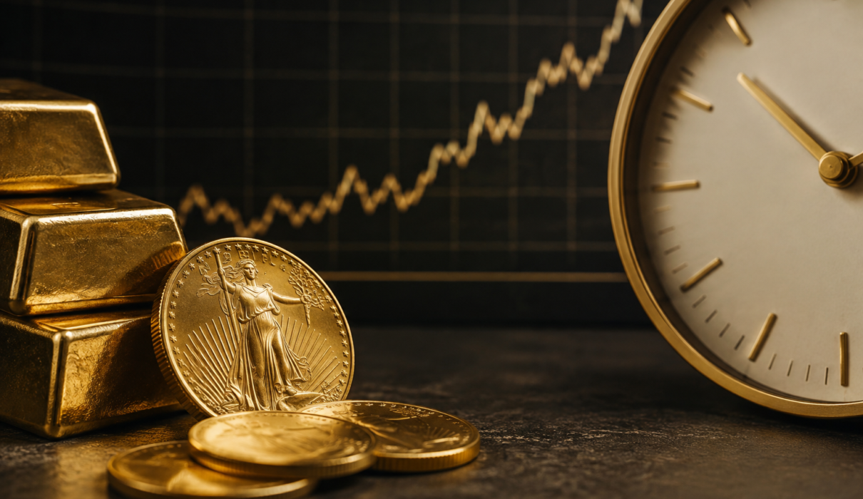old bars beside a financial chart illustrating the relationship between gold and inflation