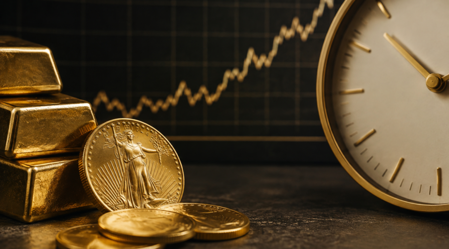 old bars beside a financial chart illustrating the relationship between gold and inflation